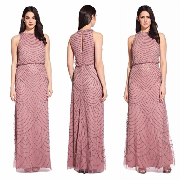 Adrianna Papell Dresses & Skirts - Adrianna Papell Art Deco Beaded Blouson Dress w/ Halter Neckline in Rose Mercury